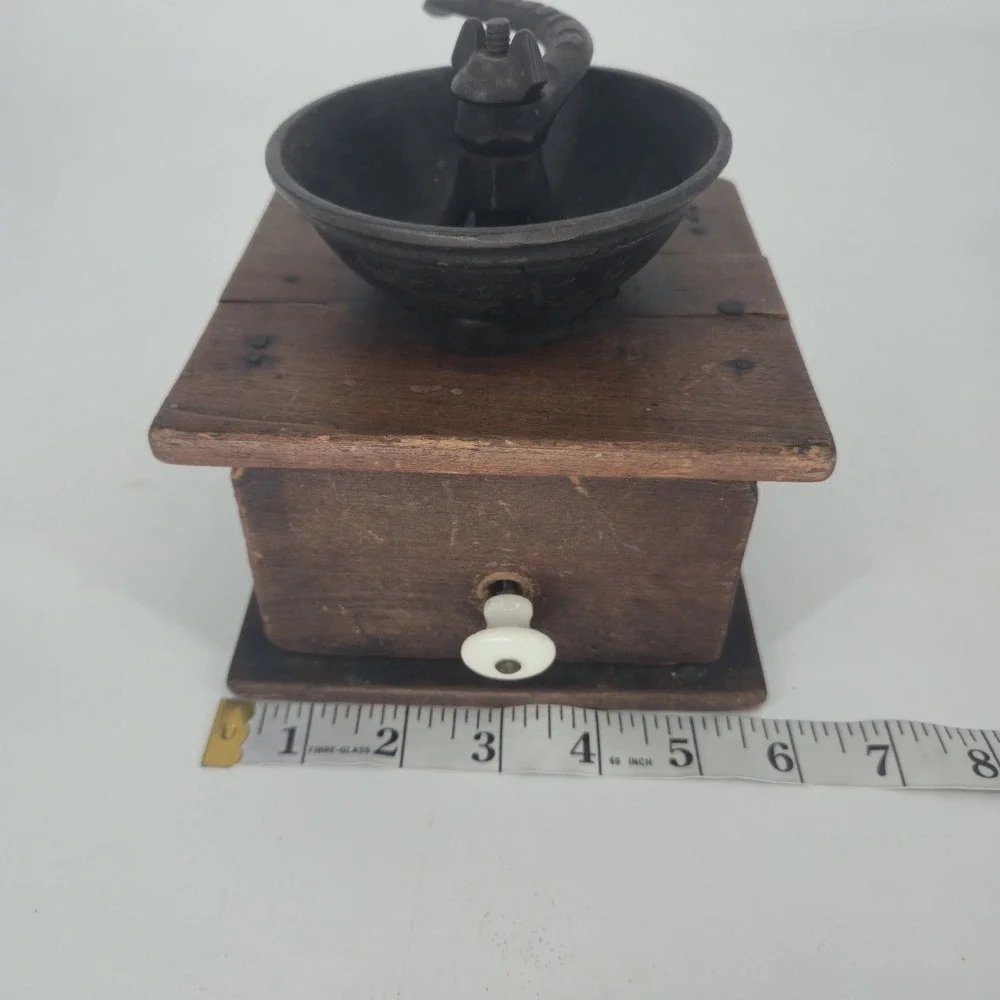 Antique Wooden Coffee Grinder Cast Iron Hand Crank Mill Porcelain Knob Vintage
